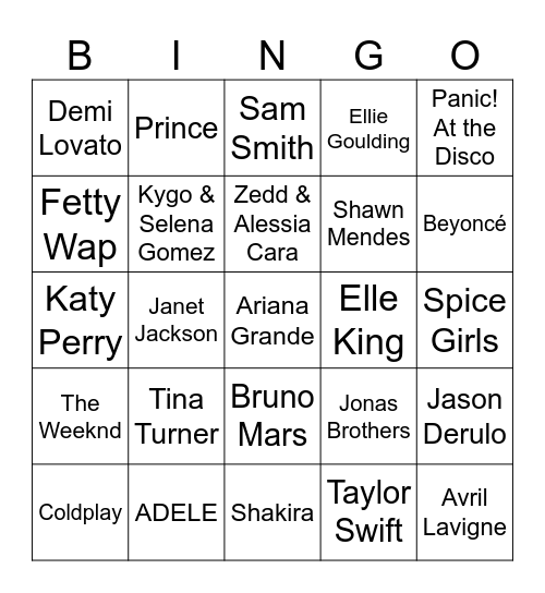 Name The Top Pop Artist Bingo Card