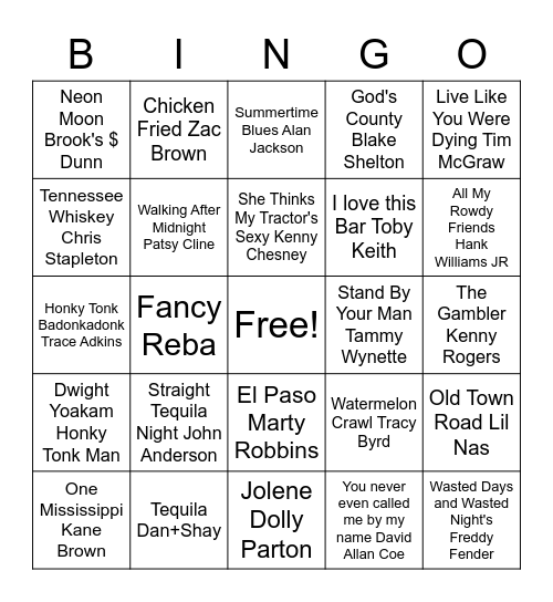 Country Music Bingo! Bingo Card