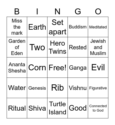 Creation Story Bingo Card