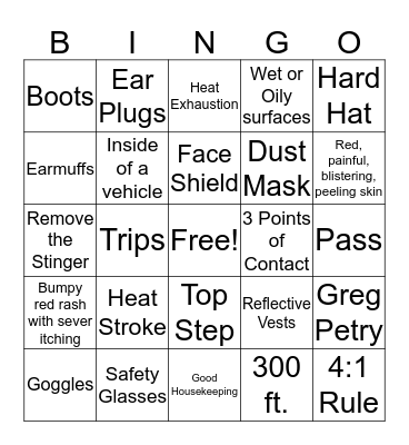 Safety Bingo Card