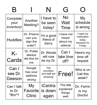 Kaysville Creekside Clinic Bingo Card