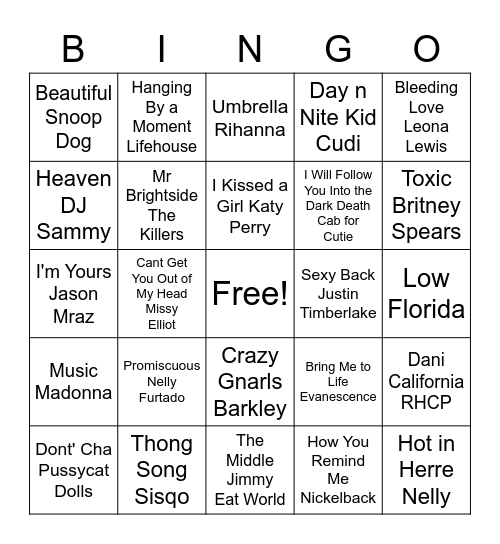 2000's Hits! Bingo Card