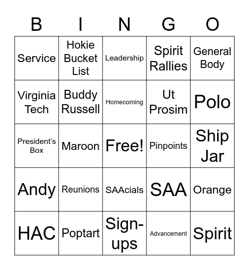 SAA Bingo Card