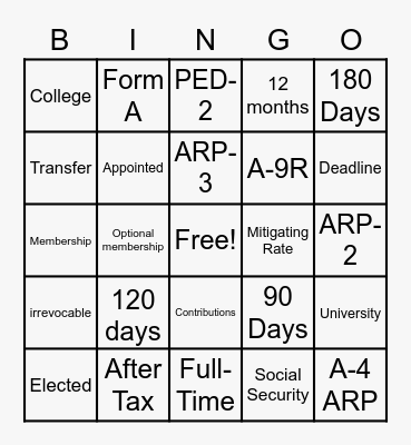 Special Memberships Bingo Card