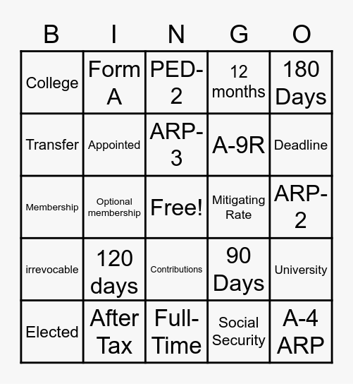 Special Memberships Bingo Card
