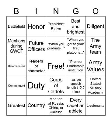 United States Military Academy Bingo Card