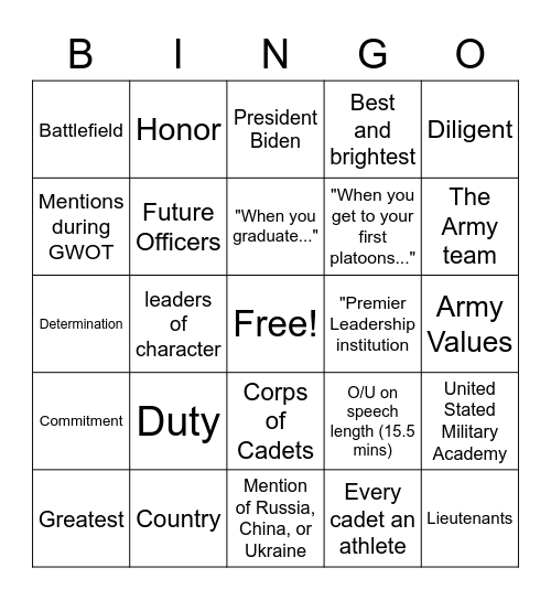 United States Military Academy Bingo Card