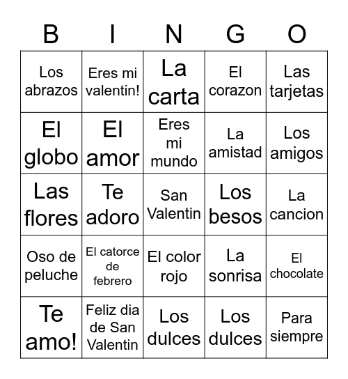 Feliz dia de San Valentine Bingo Card