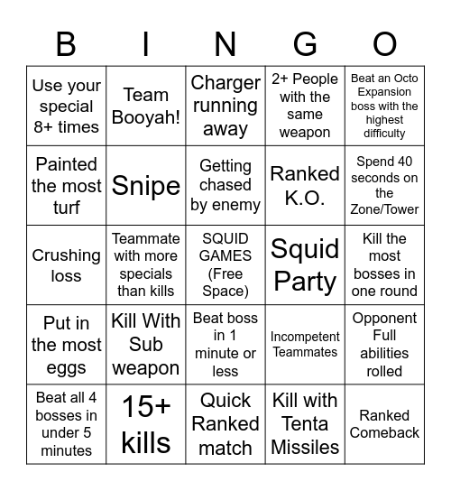 Splatoon Bingo Card