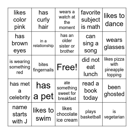 FIND A FRIEND Bingo Card