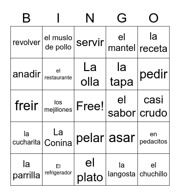 Spanish Vocabulary Bingo Card