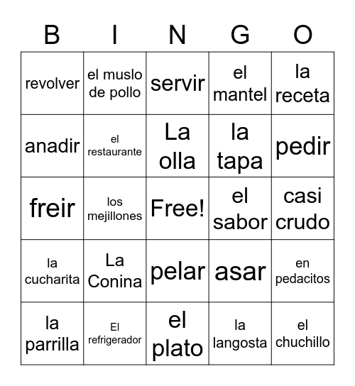 Spanish Vocabulary Bingo Card