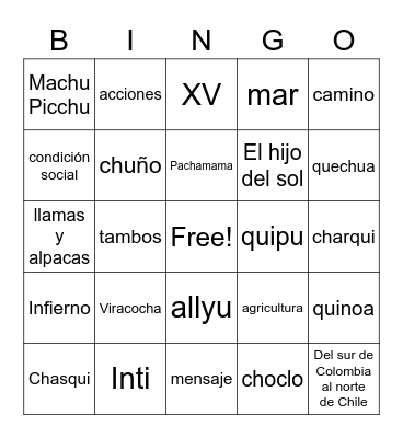 Los incas Bingo Card