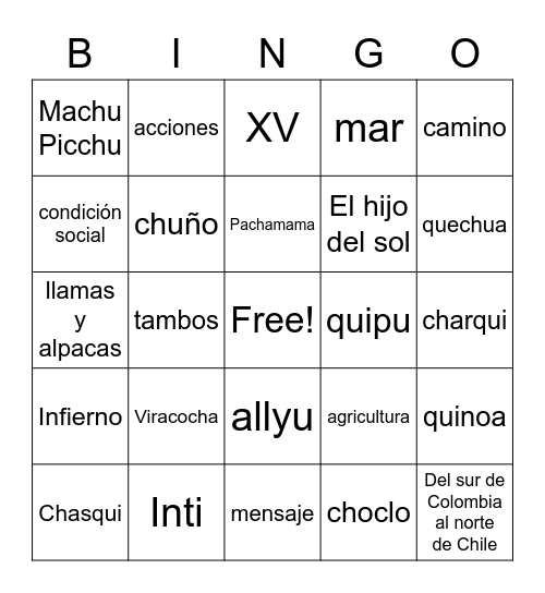 Los incas Bingo Card