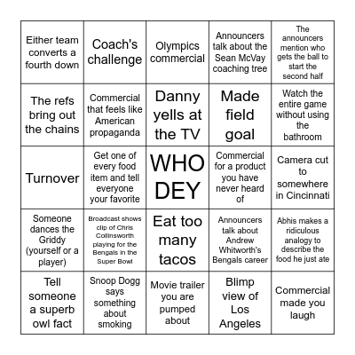 Bengals Big Game Bingo Card