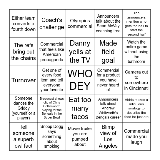 Bengals Big Game Bingo Card