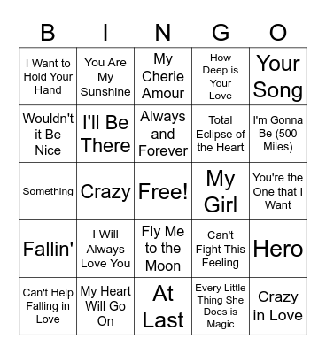 Love Song Bingo Card