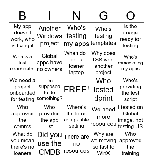 Windows Project Bingo Card