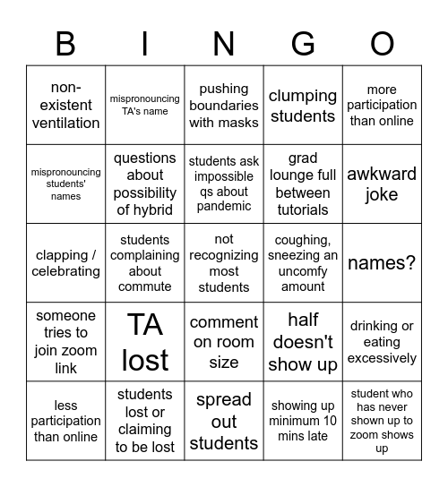 first in-person tutorial Bingo Card