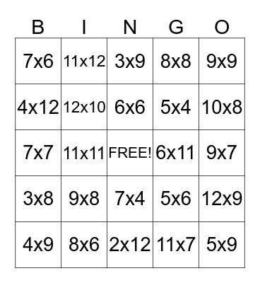 Multiplication Bingo Card