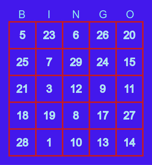 1 - 30 Bingo Card
