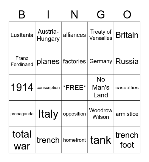 World War I Bingo Card