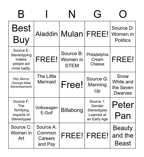 STEREOTYPE SOURCES Bingo Card