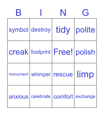 11 Vocabulary Bingo Card