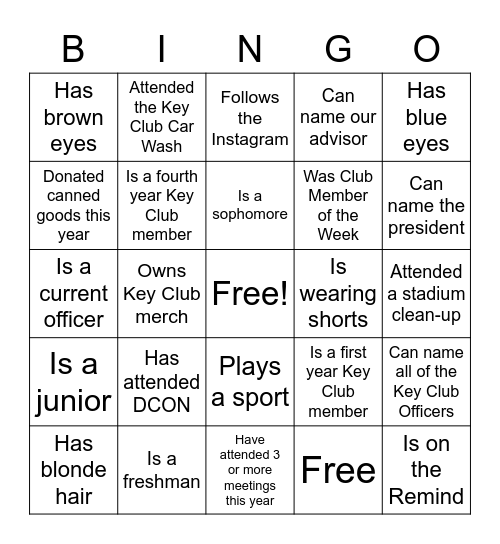 Bring a Friend to Key Club! Bingo Card