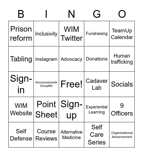 WIM101 Bingo Card