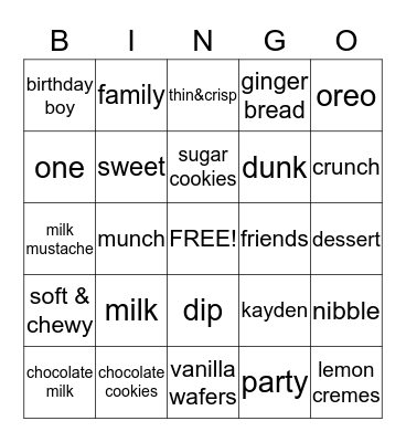 Milk &  Cookies Bingo Card