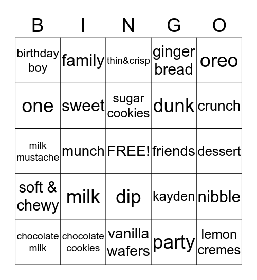 Milk &  Cookies Bingo Card