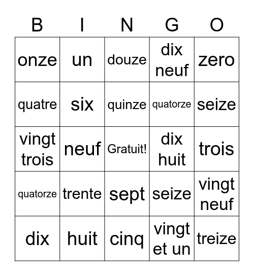 French Numbers 1 30 Bingo Card