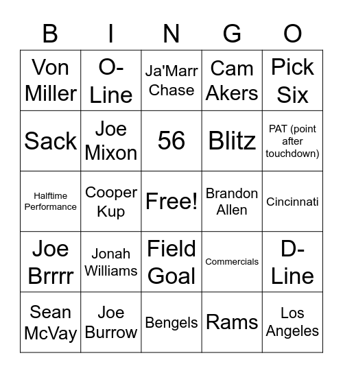 Super Bowl LVI Bingo Card