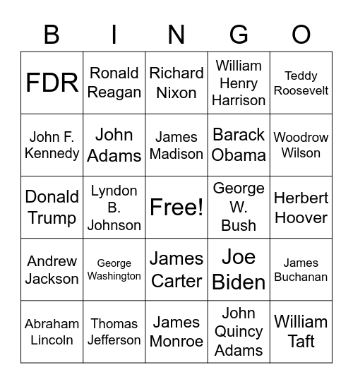 Presidents Bingo Card