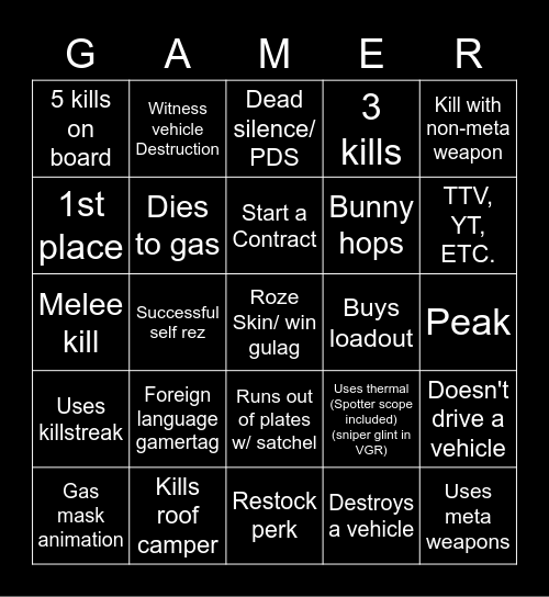 Warzone spectator bingo Card