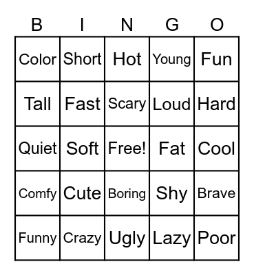 Adjectives Bingo Card