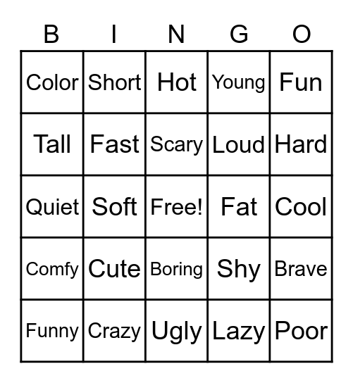 Adjectives Bingo Card