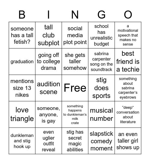 Tall Girl 2 Bingo Card