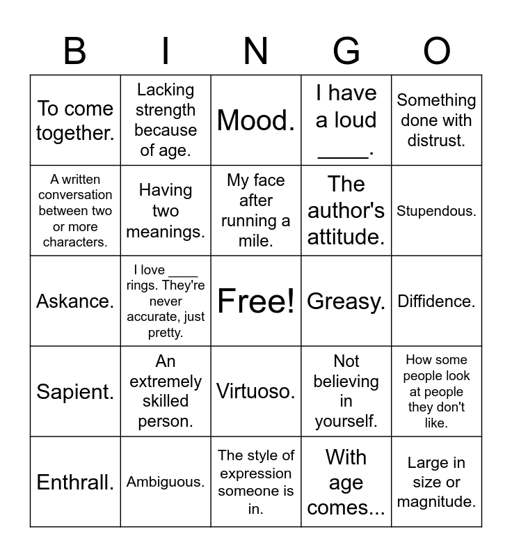 Vocab 9 Bingo Card