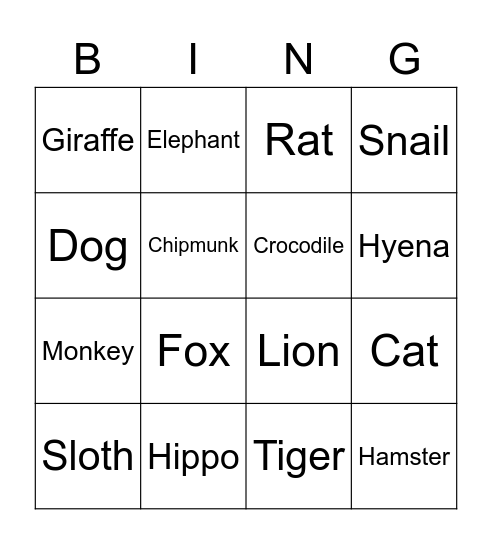 Animal Bingo! Bingo Card