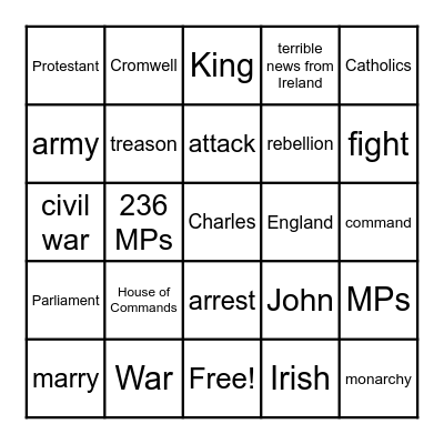 English Civil War Bingo Card