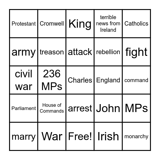 English Civil War Bingo Card