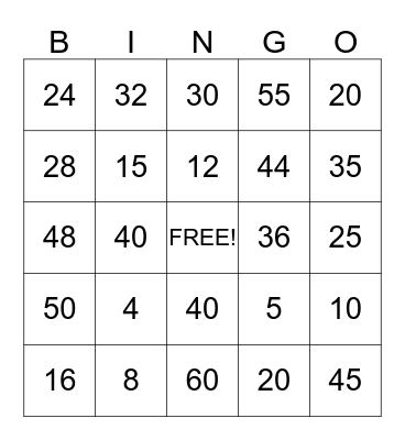 Multiplication 4's & 5's Bingo Card