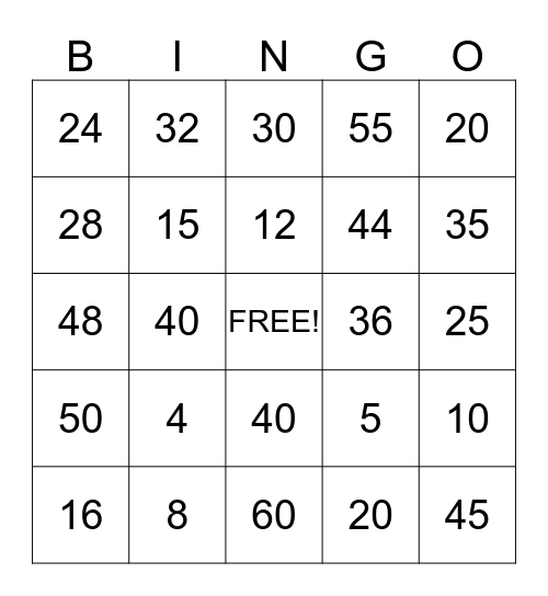 Multiplication 4's & 5's Bingo Card