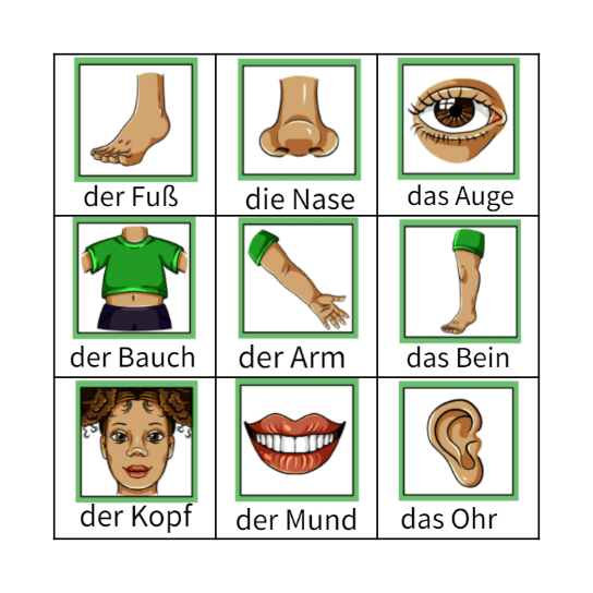 Körperteile Bingo Card
