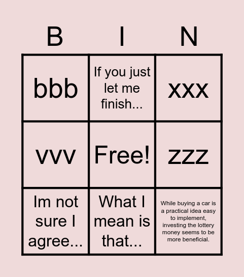 A try out Bingo Card
