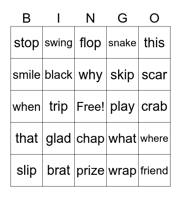 Blends and Digraphs Bingo Card