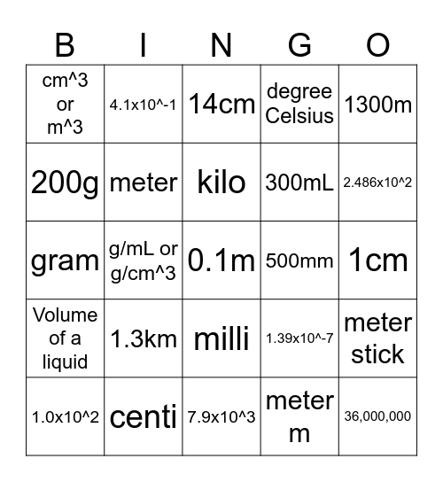 Metric System & Scientific Notation Bingo Card