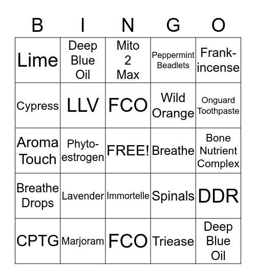 DoTerra Essential Oils Bingo Card